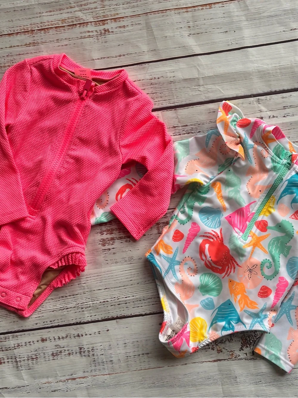 Baby Girl’s Pink Long-Sleeve Rash Guard Swimsuit & Sea Life Print Suit